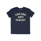 Custom Anti-Fascist Kids T-shirt featuring bold cream block lettering CHICAGO ANTI FASCIST on a navy-blue crew-neck tee, embo