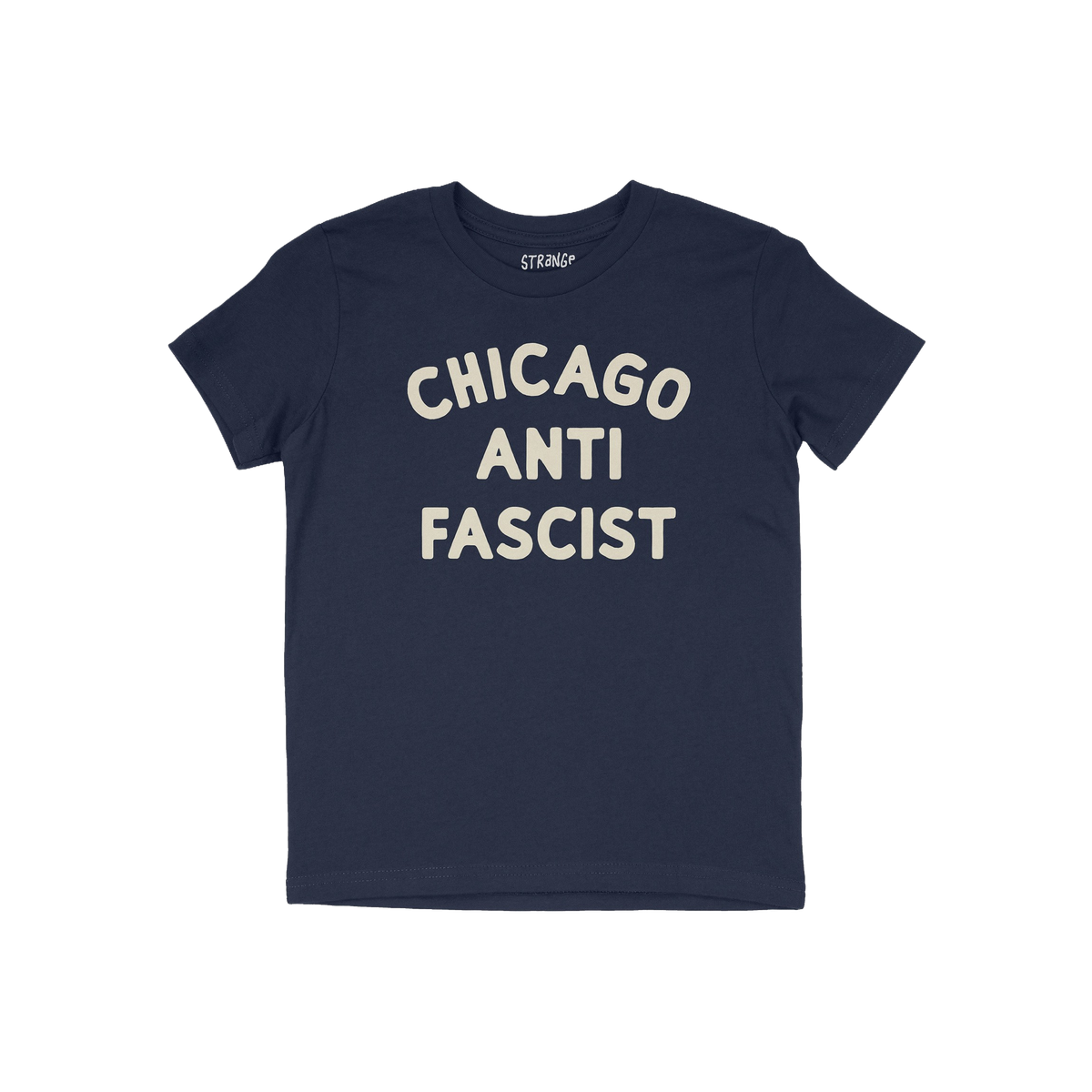 Custom Anti-Fascist Kids T-shirt featuring bold cream block lettering CHICAGO ANTI FASCIST on a navy-blue crew-neck tee, embo