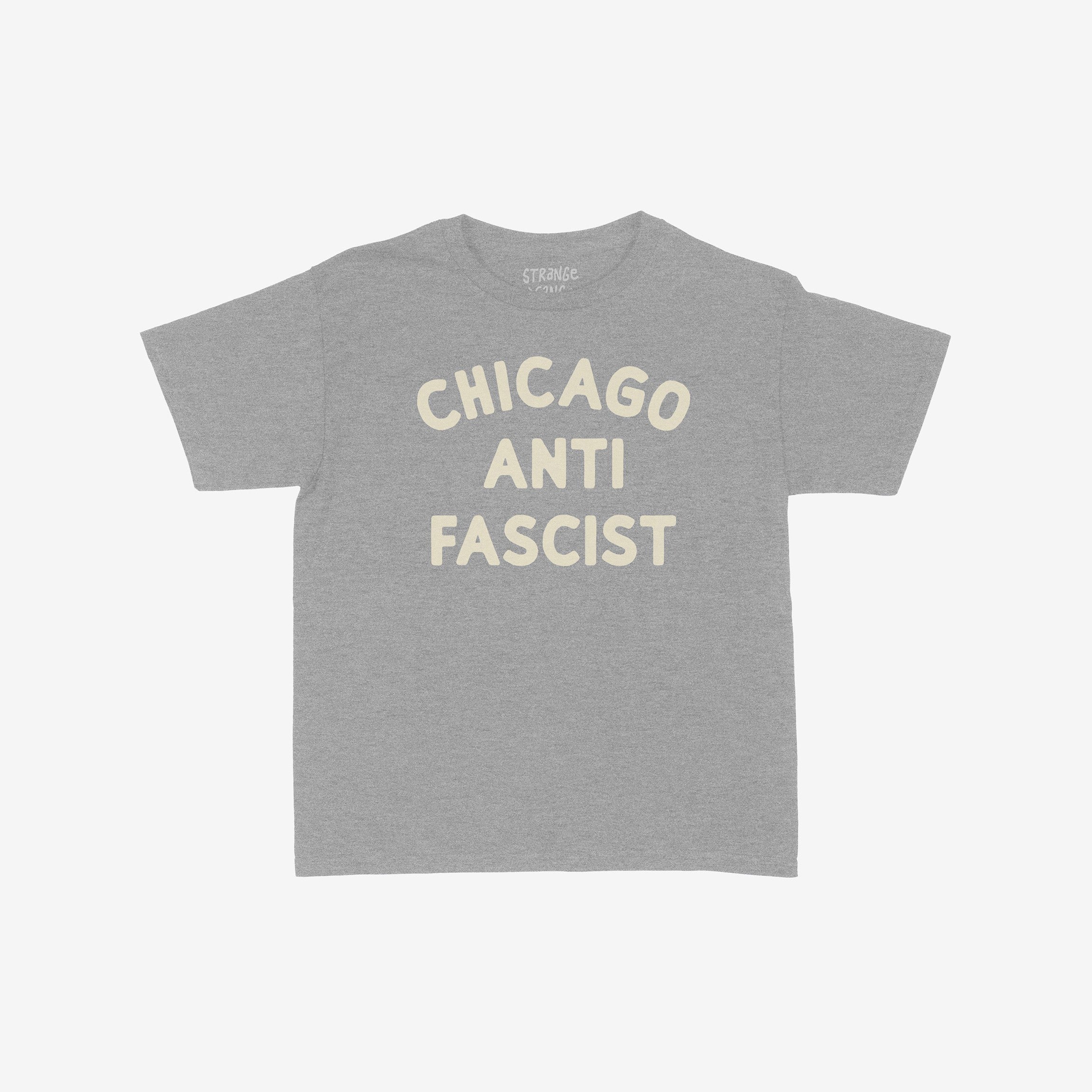 Custom Anti-Fascist Kids T-shirt featuring the slogan “CHICAGO ANTI FASCIST” in bold letters on a heather-gray background, offering a comfortable cotton fit that blends activism with style.