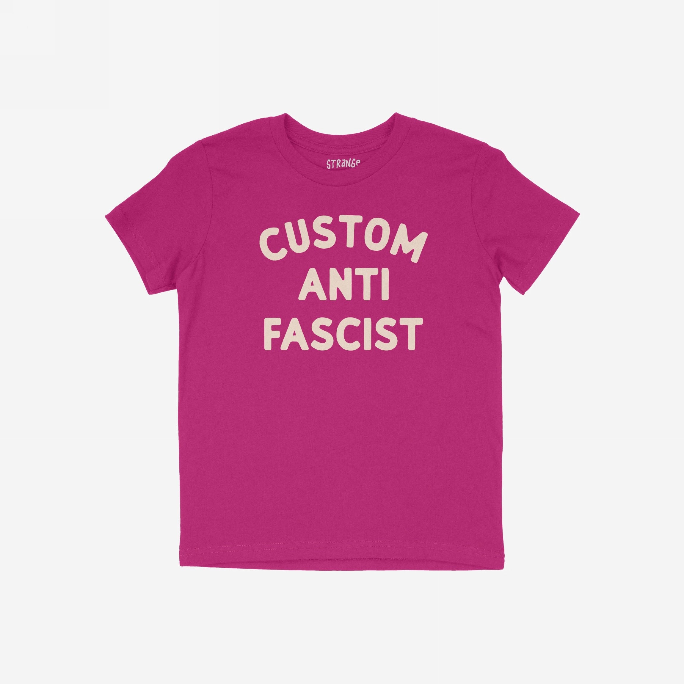 Custom Anti-Fascist Kids T-shirt featuring bold off-white block lettering, perfect for young activists. The customizable Custom text inspires empowerment and individuality, aligning with a message of equality and resistance.