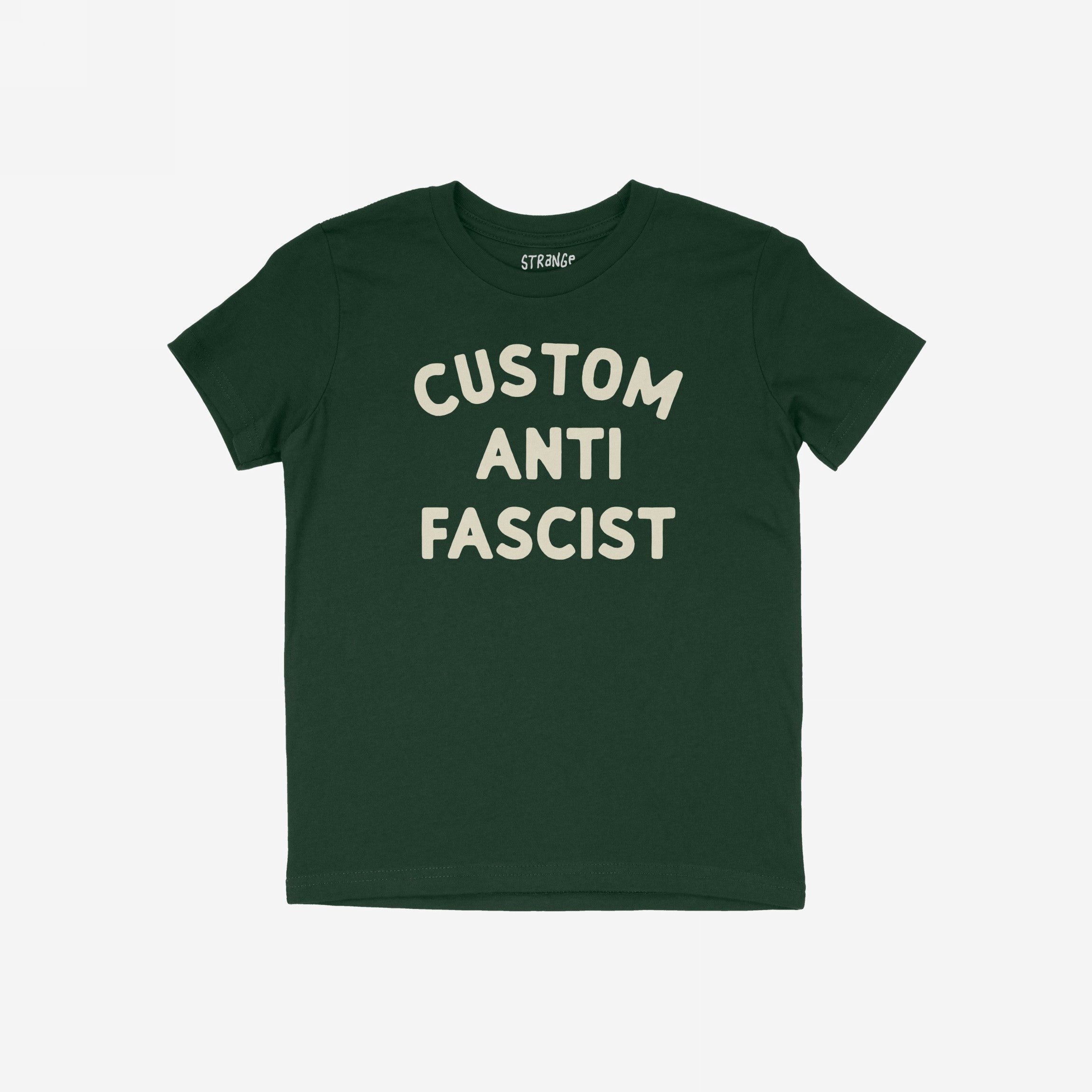 Custom Anti-Fascist Kids T-shirt featuring bold off-white text on the front. This empowering tee encourages young activists to express their individuality and beliefs with customizable Custom text options.