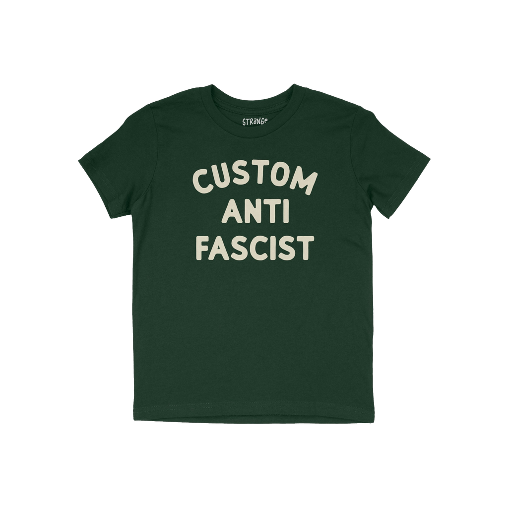 Custom Anti-Fascist Kids T-shirt featuring bold off-white text on the front. This empowering tee encourages young activists t
