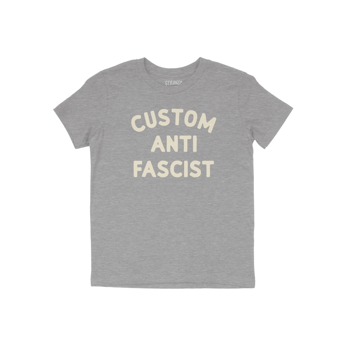 Custom Anti-Fascist Kids T-shirt featuring bold, off-white block letters on a heather-gray tee. The shirt has a crew neckline