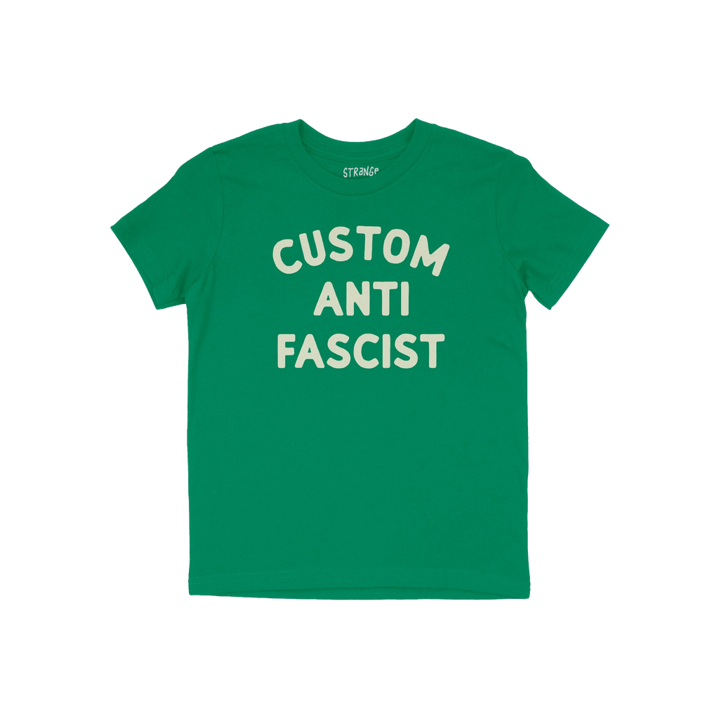 Custom Anti-Fascist Kids T-shirt featuring bold “CUSTOM ANTI FASCIST” text on the front, designed for young activists. Th
