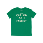 Custom Anti-Fascist Kids T-shirt featuring bold “CUSTOM ANTI FASCIST” text on the front, designed for young activists. Th