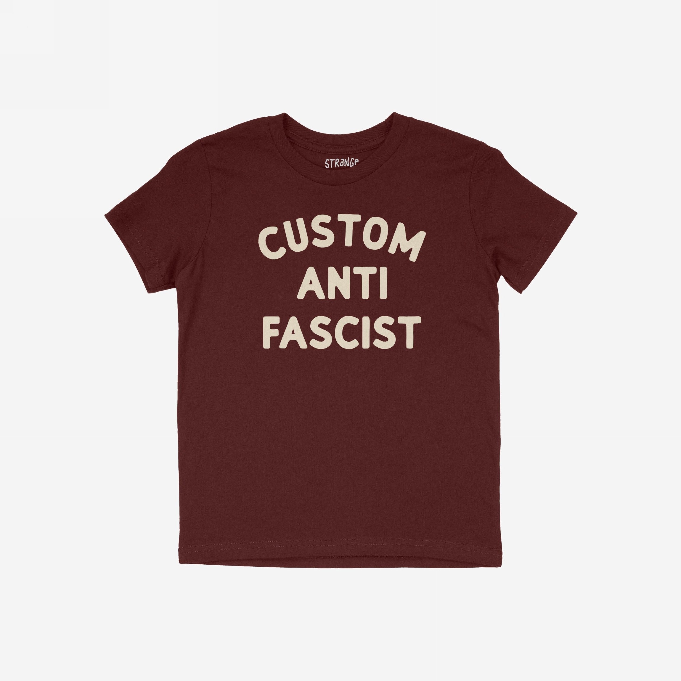 Custom Anti-Fascist Kids T-shirt featuring bold CUSTOM ANTI FASCIST text. Ideal for young activists, the shirt can be personalized to reflect individuality and commitment to equality and anti-fascism.
