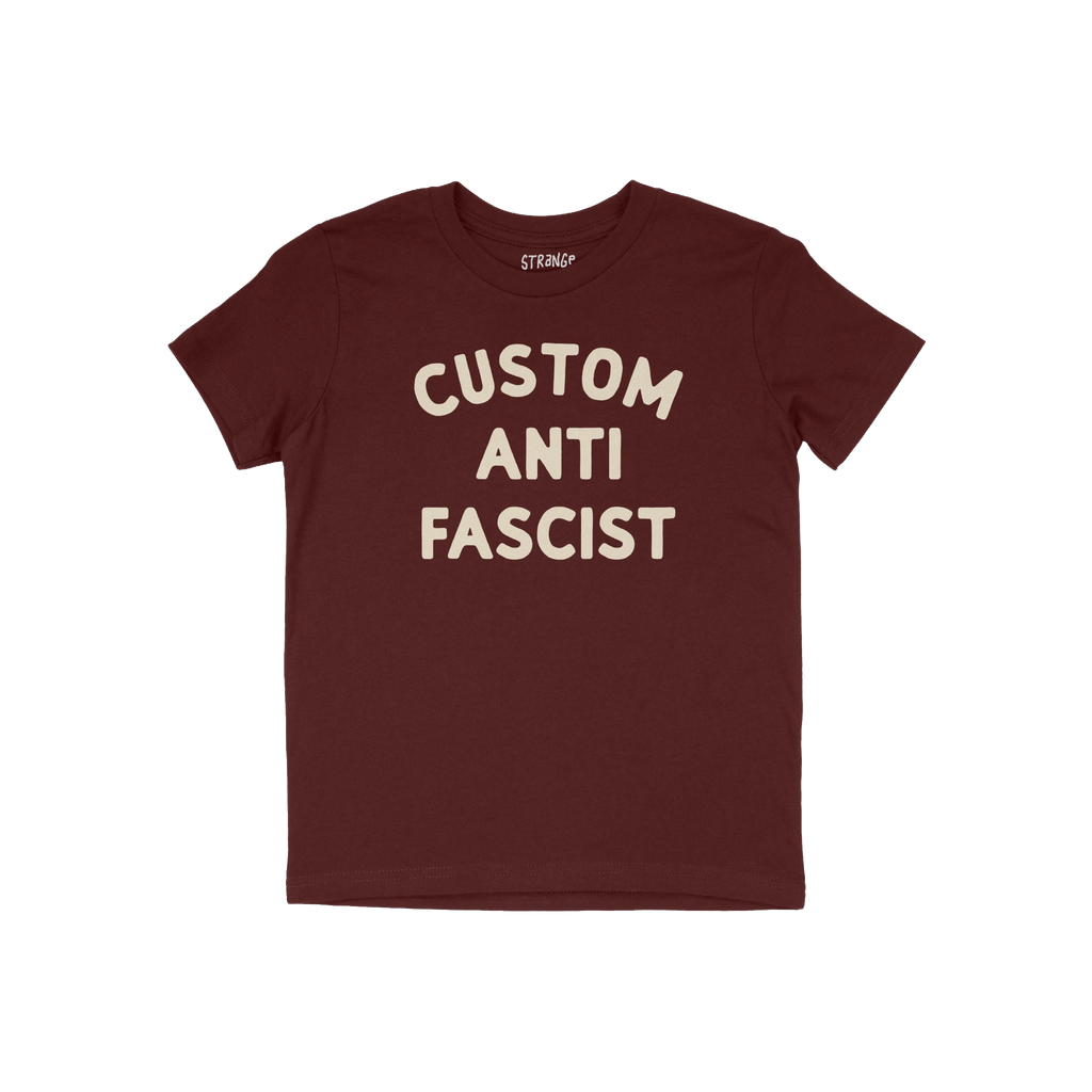 Custom Anti-Fascist Kids T-shirt featuring bold CUSTOM ANTI FASCIST text. Ideal for young activists, the shirt can be persona