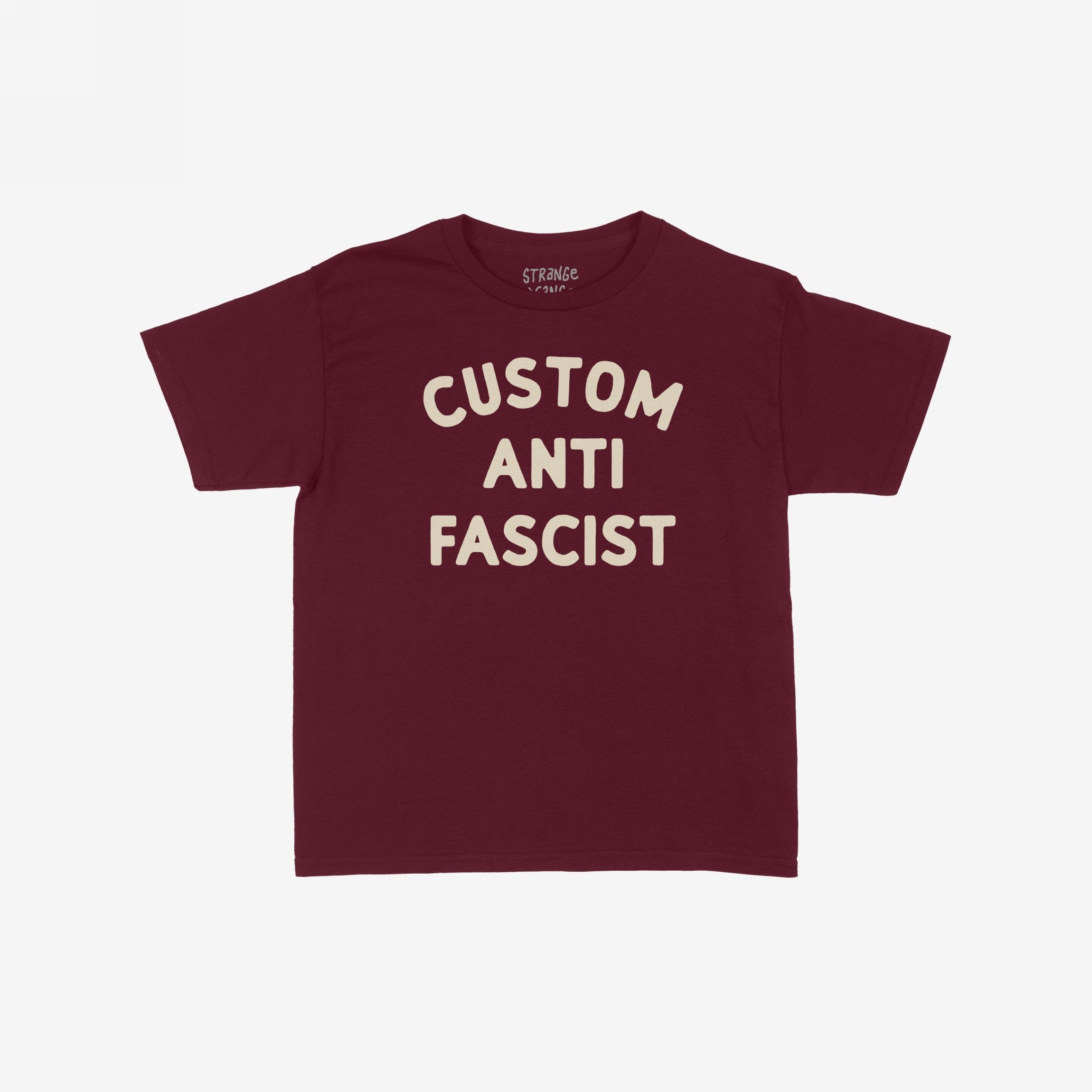 Custom Anti-Fascist Kids T-shirt in dark burgundy with bold off-white lettering, featuring customizable text space. Designed for comfort and activism, promoting equality and anti-fascism for youth.