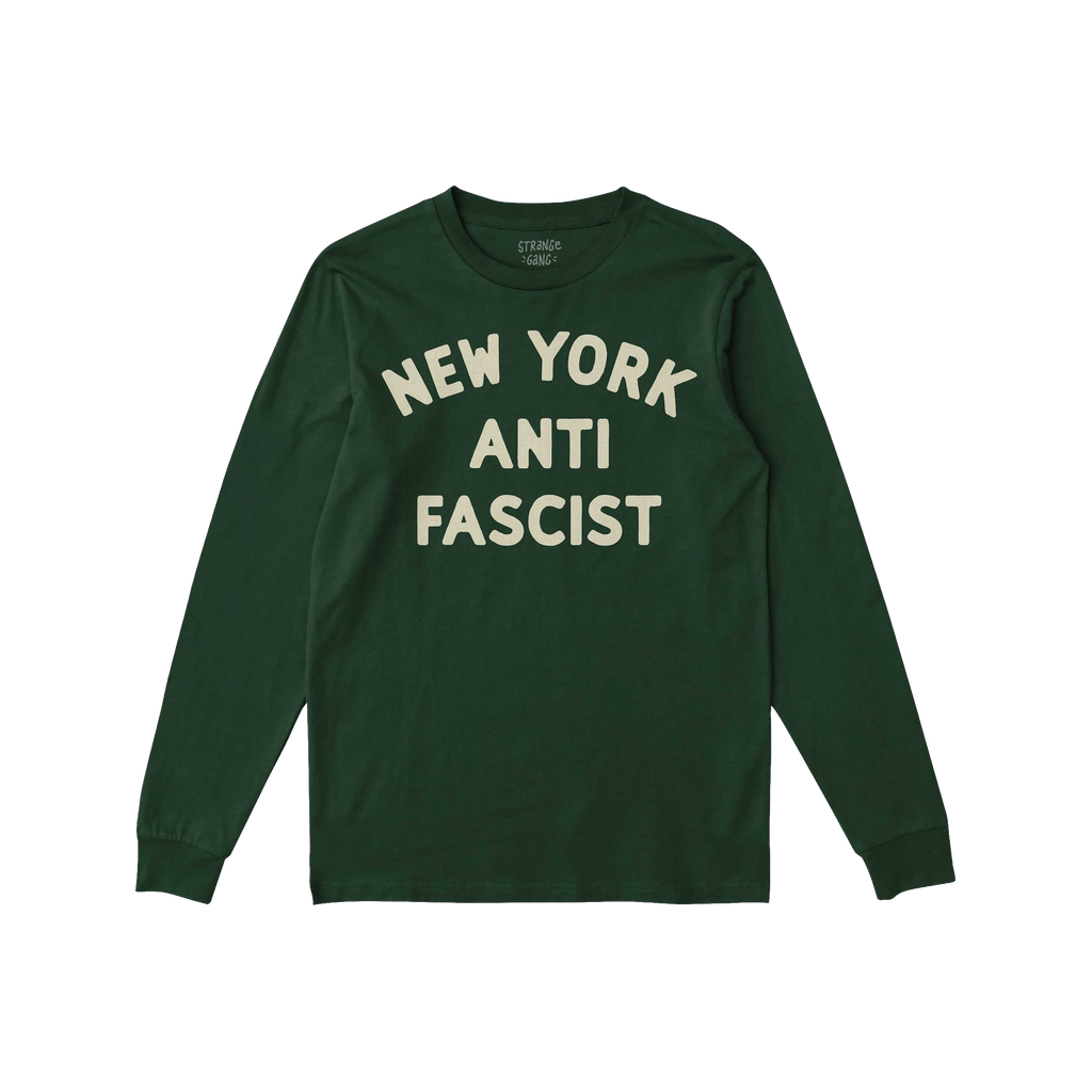 Custom Anti-Fascist Long Sleeve T-shirt with NEW YORK ANTI FASCIST in off-white block letters, designed for activism and pers