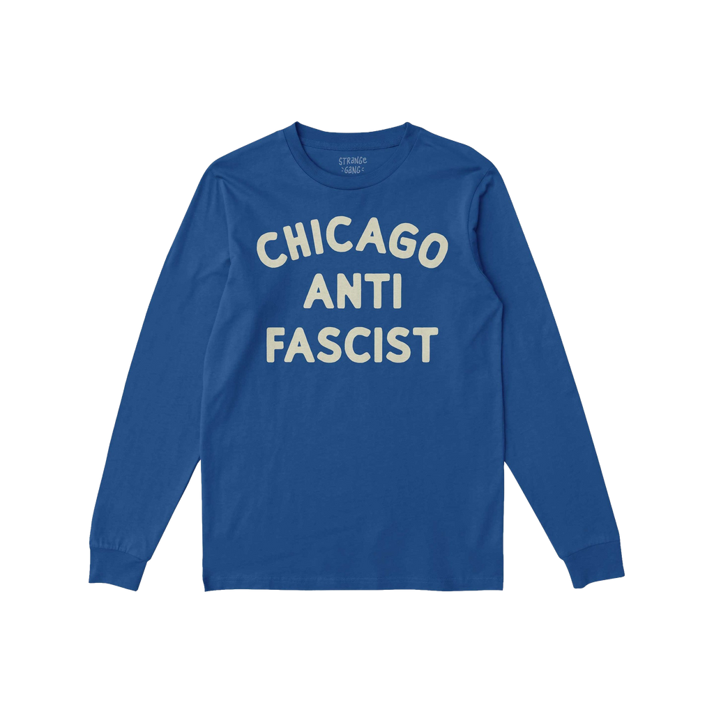 Custom Anti-Fascist Long Sleeve T-shirt with CHICAGO ANTI FASCIST in cream block letters, featuring a crew neckline and ribbe