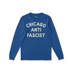 Custom Anti-Fascist Long Sleeve T-shirt with CHICAGO ANTI FASCIST in cream block letters, featuring a crew neckline and ribbe