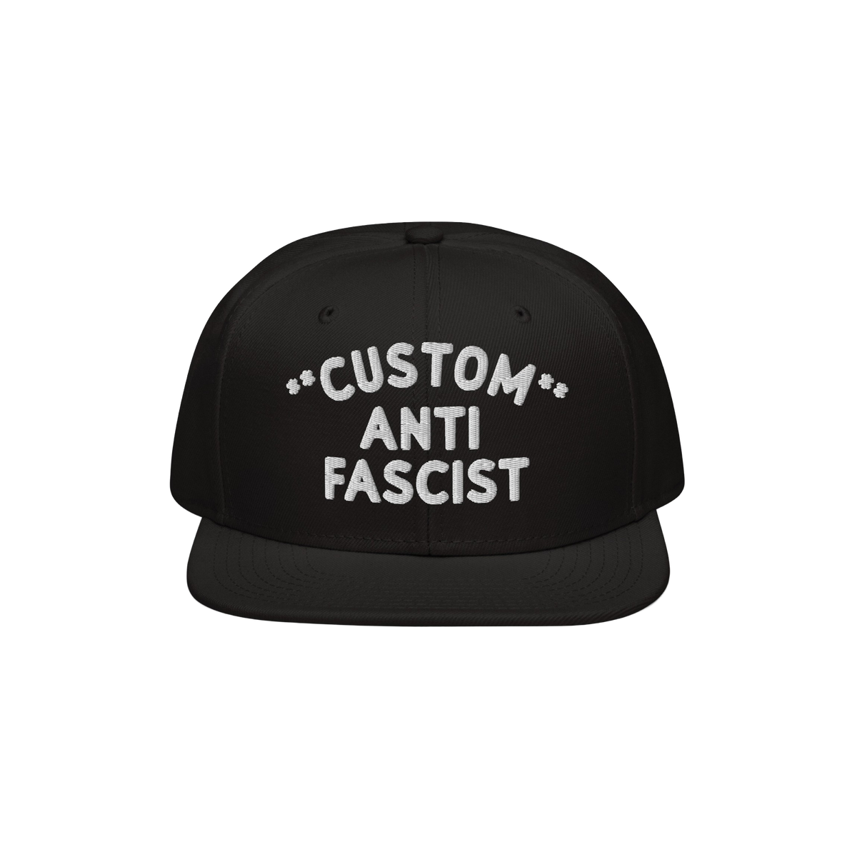 Custom Anti-Fascist Snapback Hat with bold white embroidery on a black flat-brimmed cap, featuring adjustable closure. Person