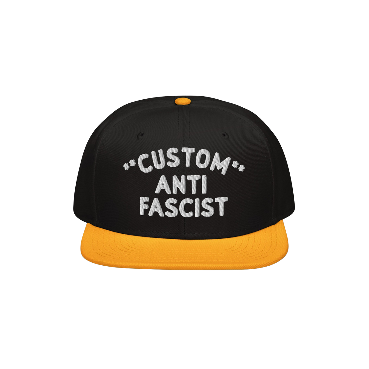Custom Anti-Fascist Snapback Hat featuring a black crown and yellow brim, with bold white CUSTOM ANTI FASCIST embroidery. Per