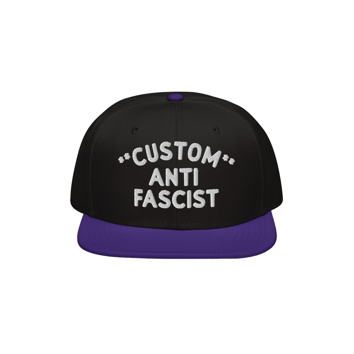 Custom Anti-Fascist Snapback Hat with a black crown and deep purple brim, featuring bold white embroidery that reads CUSTOM A