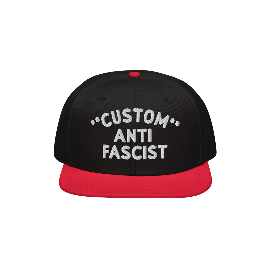 Custom Anti-Fascist Snapback Hat featuring a black crown with red bill and button, highlighted by bold white embroidered text