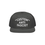 Custom Anti-Fascist Snapback Hat featuring bold white embroidery on a dark flat-brim cap. Show your stance with personalizati