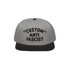 Custom Anti-Fascist Snapback Hat, featuring a bold CUSTOM ANTI FASCIST embroidery on the front, offering personalization for 
