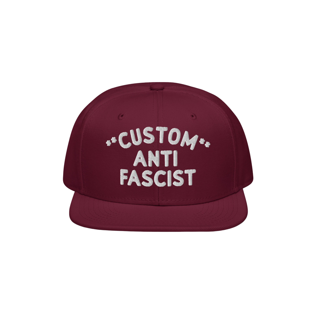 Custom Anti-Fascist Snapback Hat with white embroidered text Custom Anti Fascist on front, designed for personalization. This