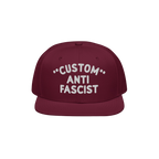 Custom Anti-Fascist Snapback Hat with white embroidered text Custom Anti Fascist on front, designed for personalization. This