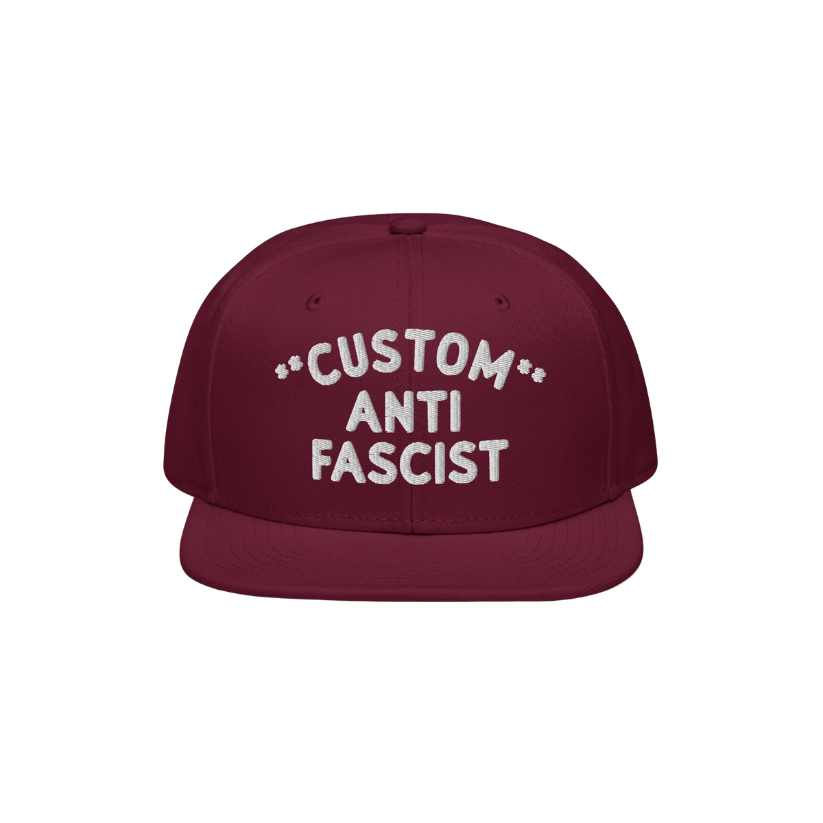 Custom Anti-Fascist Snapback Hat with white embroidered text Custom Anti Fascist on front, designed for personalization. This