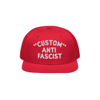 Custom Anti-Fascist Snapback Hat featuring bold white embroidery on a red cap, highlighting the message against fascism. The 