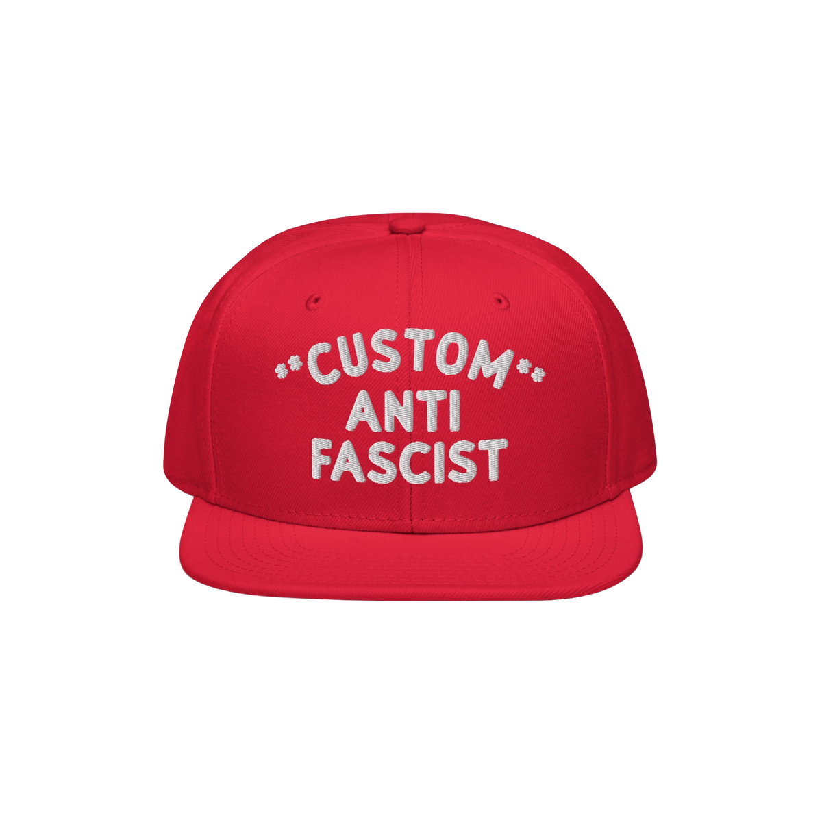 Custom Anti-Fascist Snapback Hat featuring bold white embroidery on a red cap, highlighting the message against fascism. The 