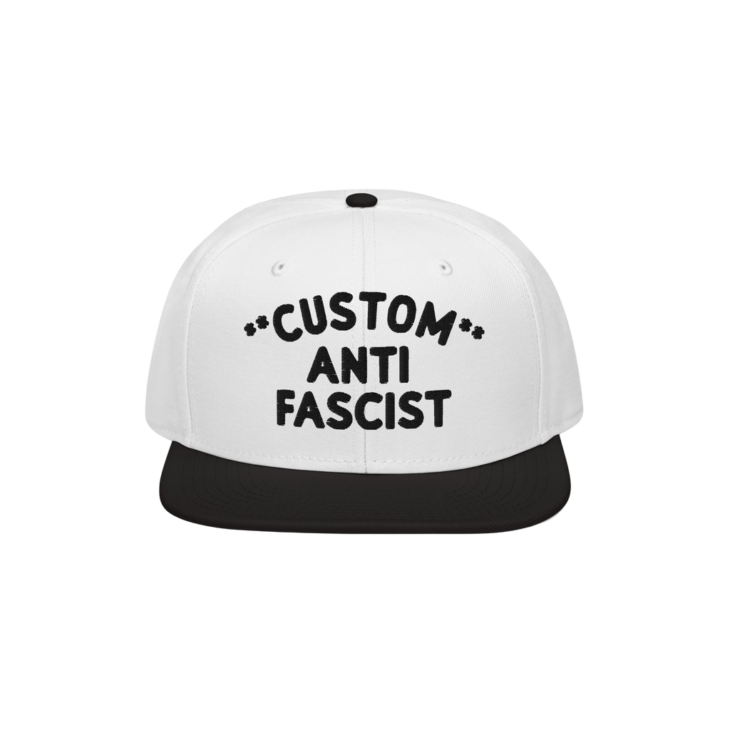 Custom Anti-Fascist Snapback Hat with bold text, featuring a white crown and black visor. Personalize the Custom text for a u