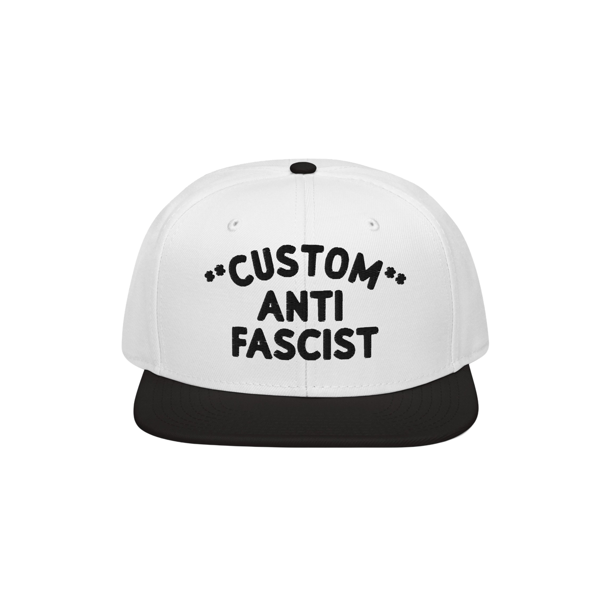 Custom Anti-Fascist Snapback Hat with bold text, featuring a white crown and black visor. Personalize the Custom text for a u