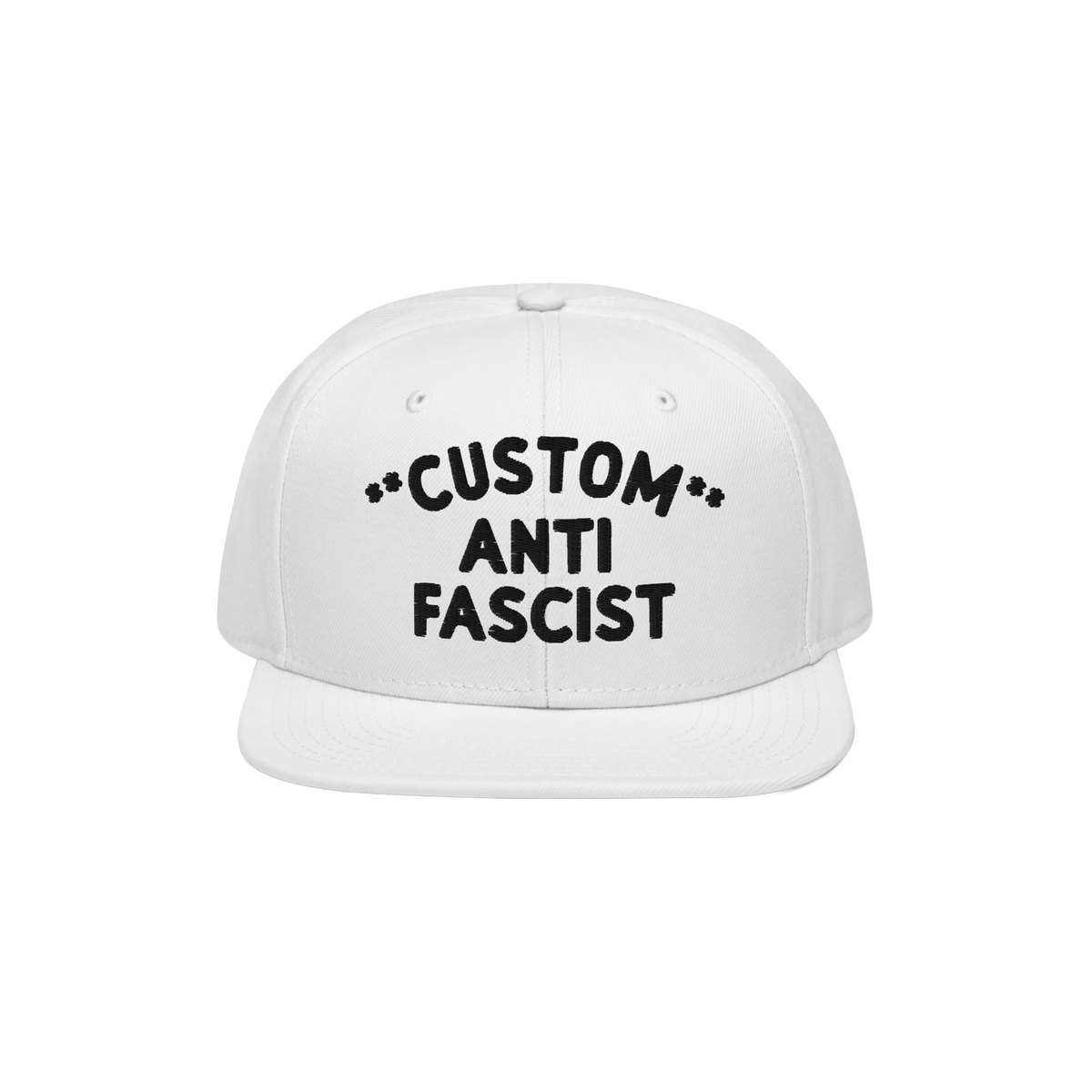 Custom Anti-Fascist Snapback Hat featuring bold black embroidery on a white cap, highlighting an anti-fascist message. Person