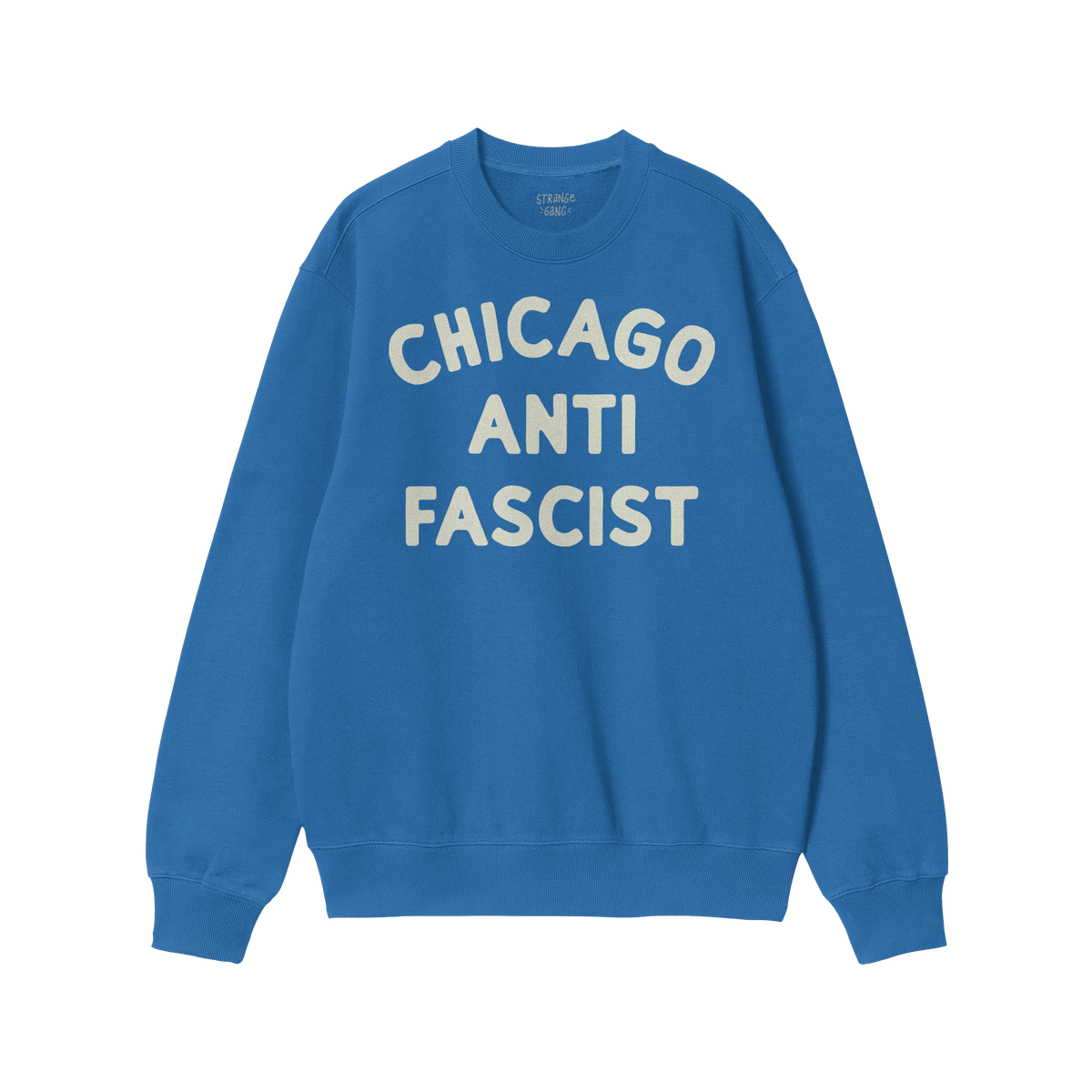 Custom Anti-Fascist Sweatshirt featuring CHICAGO ANTI FASCIST in bold letters across the chest, offering a personalized expre