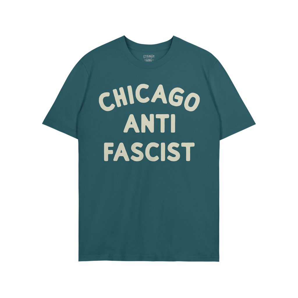 Custom Anti-Fascist T-shirt featuring CHICAGO ANTI FASCIST in bold, off-white letters. Ideal for showcasing anti-fascist acti