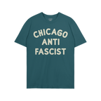 Custom Anti-Fascist T-shirt featuring CHICAGO ANTI FASCIST in bold, off-white letters. Ideal for showcasing anti-fascist acti