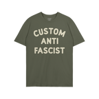 Custom Anti-Fascist T-shirt featuring bold cream block letters, making a statement against fascism. Ideal for activism and da