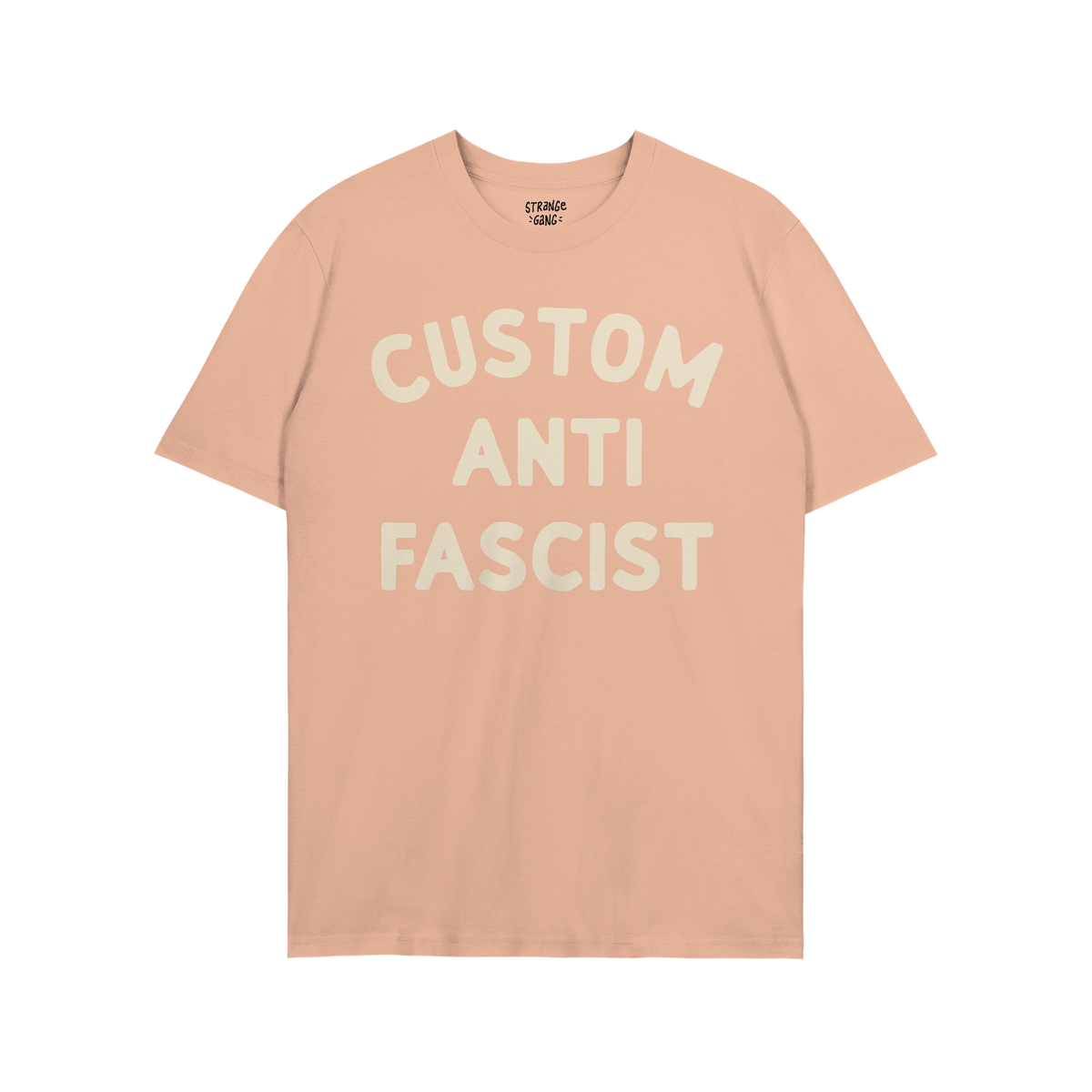 Light blue Custom Anti-Fascist T-shirt with cream block letters reading “CUSTOM ANTI FASCIST” across the front, embodying