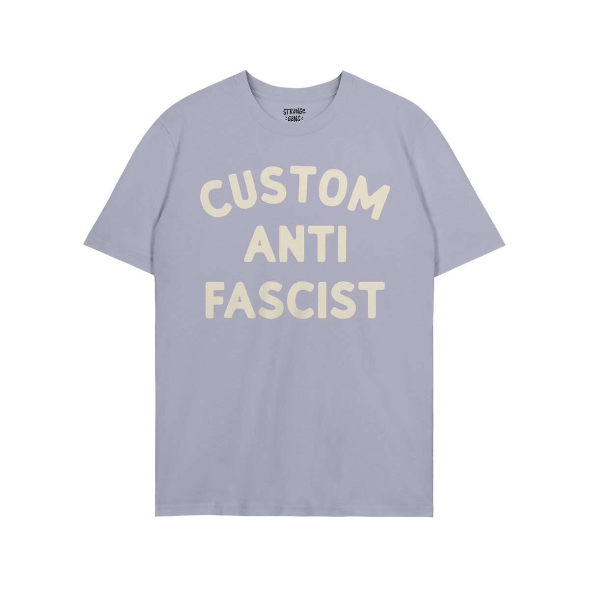 Custom Anti-Fascist T-shirt featuring bold off-white text on a purple background. The shirt encourages personalized activism 