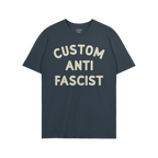 Custom Anti-Fascist T-shirt featuring bold off-white block letters on a solid-blue background, empowering you to personalize 