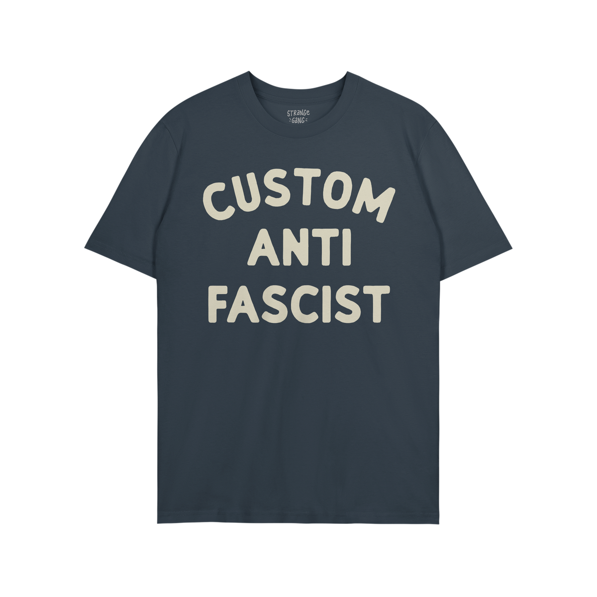 Custom Anti-Fascist T-shirt featuring bold off-white block letters on a solid-blue background, empowering you to personalize 