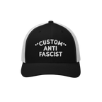 Custom Anti-Fascist Trucker Hat featuring bold white embroidery on a black front panel, breathable white mesh back, and adjus