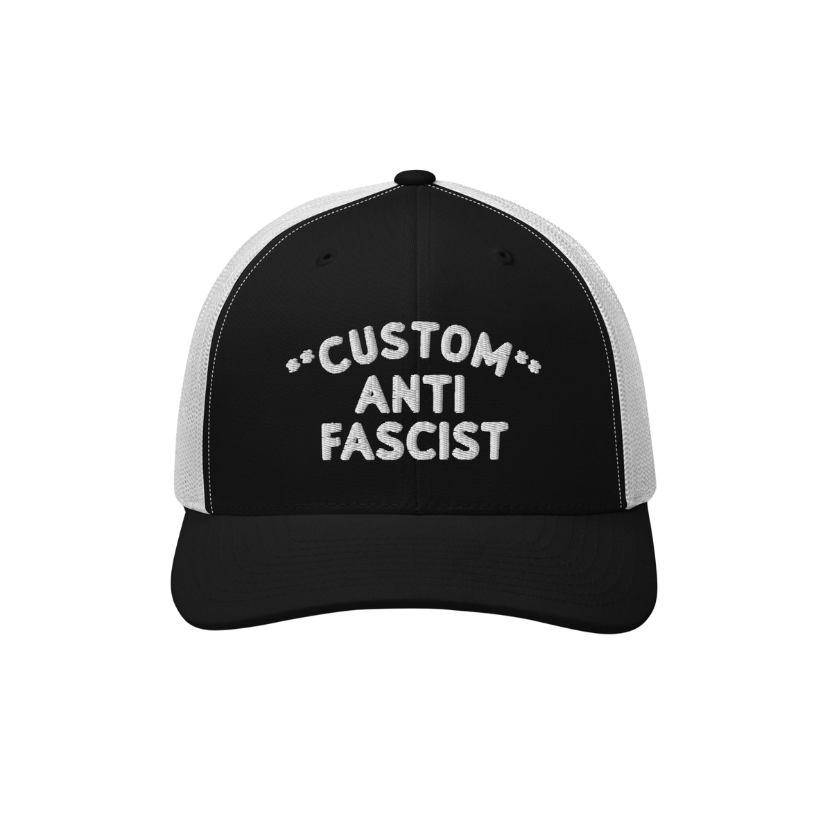 Custom Anti-Fascist Trucker Hat featuring bold white embroidery on a black front panel, breathable white mesh back, and adjus