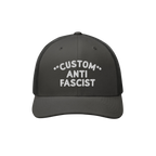 Custom Anti-Fascist Trucker Hat with bold white embroidery on a black base, featuring breathable mesh back and adjustable sna