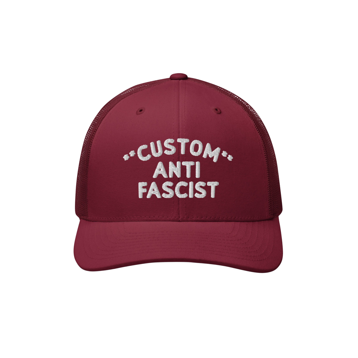 Burgundy mesh-back trucker hat with CUSTOM ANTI FASCIST white embroidery on the front. Features breathable mesh, adjustable s