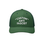 Custom Anti-Fascist Trucker Hat with dark-green front, white embroidered text, breathable mesh back, and adjustable snap clos