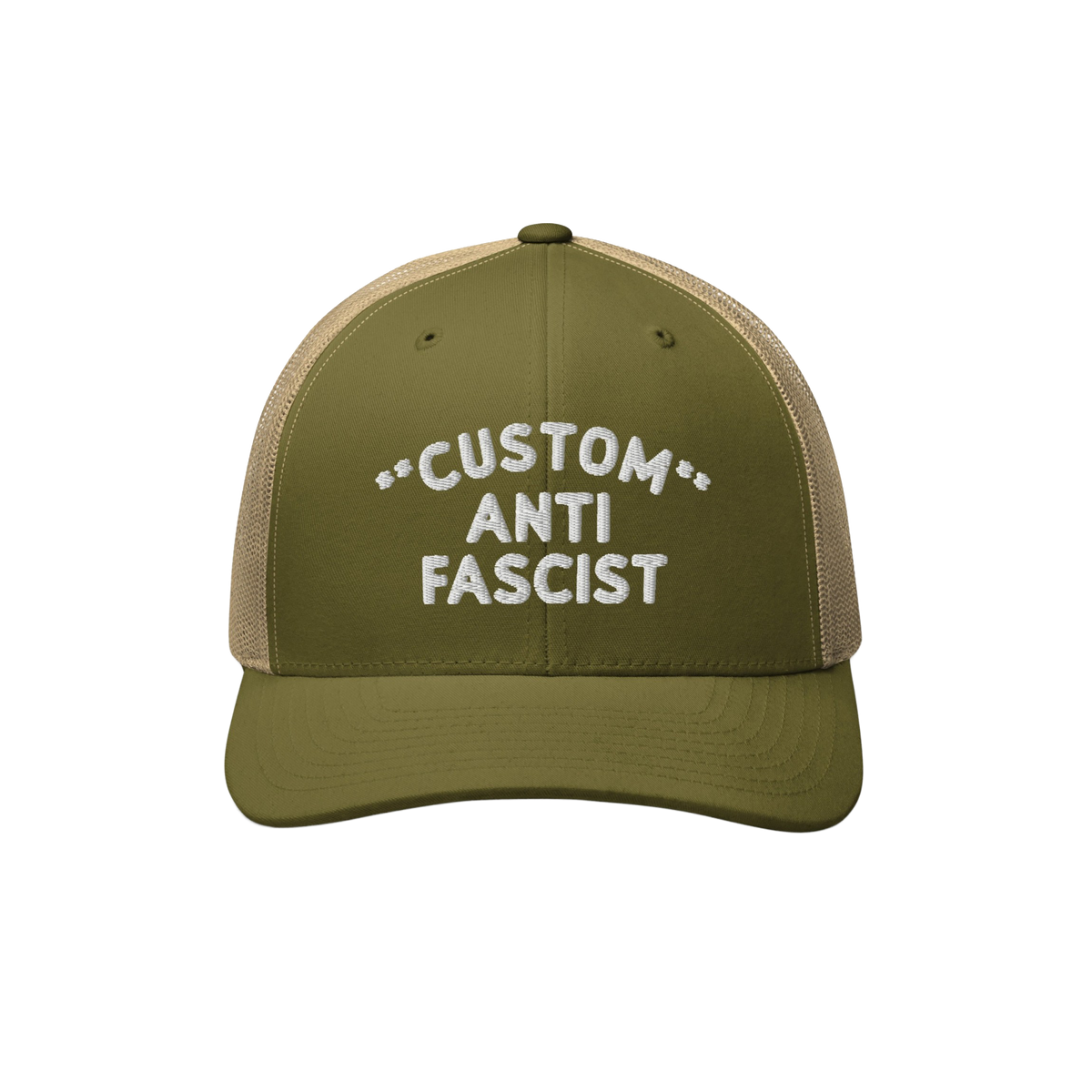 Custom Anti-Fascist Trucker Hat featuring an olive green front and tan mesh back. Embroidered CUSTOM ANTI FASCIST text, adjus