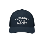 Navy-blue Custom Anti-Fascist Trucker Hat with white embroidered text, featuring a breathable mesh back and adjustable snap c