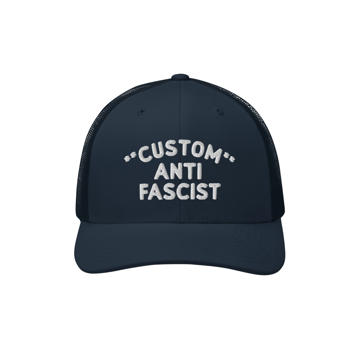 Navy-blue Custom Anti-Fascist Trucker Hat with white embroidered text, featuring a breathable mesh back and adjustable snap c