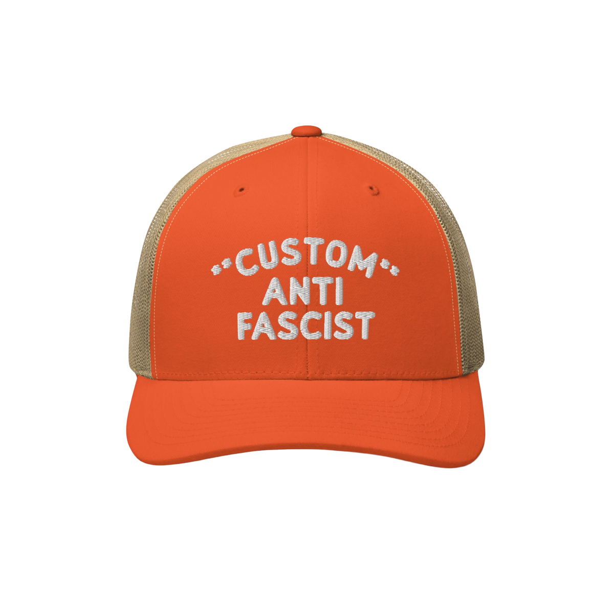 The Custom Anti-Fascist Trucker Hat features bright orange front panels with CUSTOM ANTI FASCIST embroidered in white, a brea