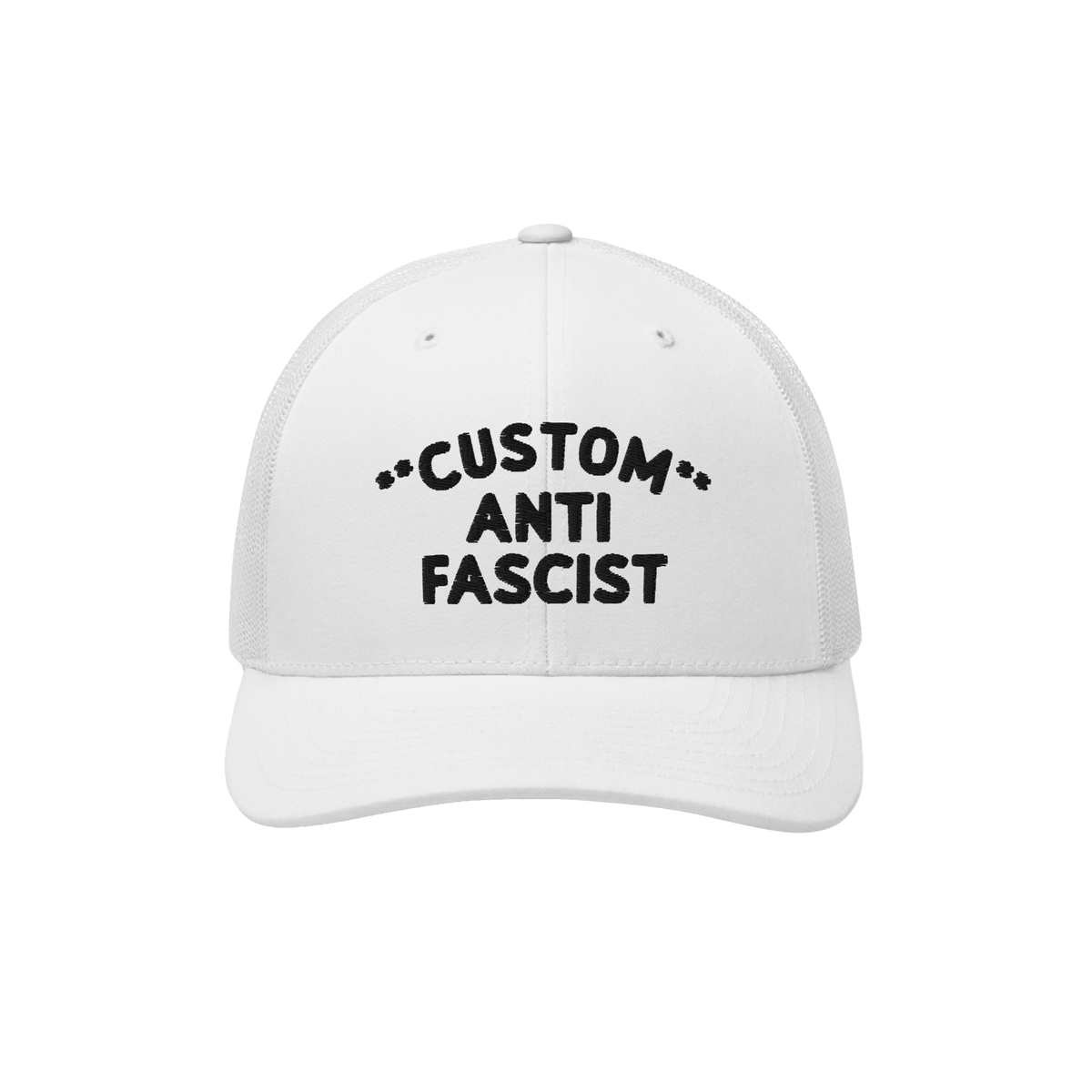 Custom Anti-Fascist Trucker Hat with bold black embroidery on a white front panel, featuring a breathable mesh back and adjus