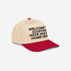 Custom Hate Has No Home Here 5-Panel Hat featuring a beige crown and red brim with bold message promoting unity and inclusion, customizable with your city name, perfect for advocating justice and equality.