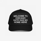Black Custom Hate Has No Home Here 5-Panel Hat with bold white embroidery, promoting unity and anti-hate values. Features adjustable snapback and breathable design, embodying a message of justice and inclusion.