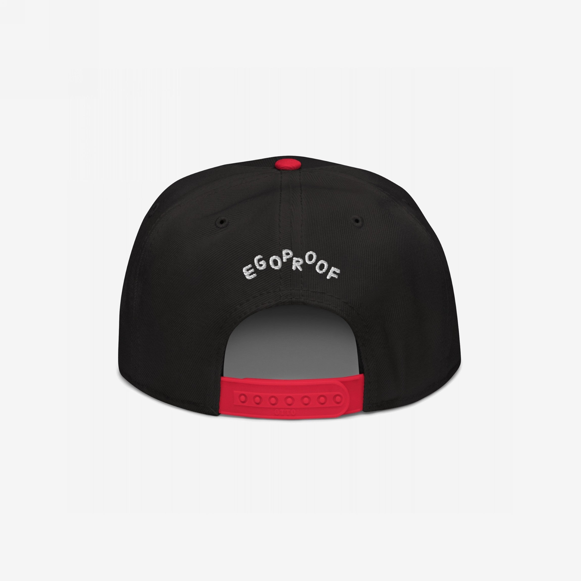 Back view of the Custom Hate Has No Home Here Snapback Hat with EGOPROOF embroidered above the adjustable red snap closure, showcasing urban style and a powerful anti-hate message.